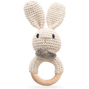 Wooden Baby Rattle Crochet Bunny Baby Toys Handmade Newborn Toy Early Developmen